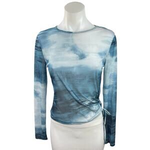 Lioness Mesh Blue Crew Neck Long Sleeve Tie Dye Marble Print Blouse Top Size M